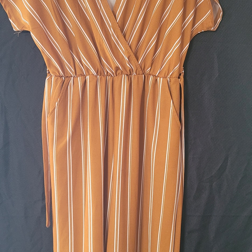 Casual Orange Tan Wrap Jumpsuit with Ruffled Accents